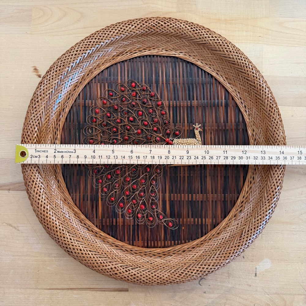 Vintage 70s Wicker Peacock Wall Hanging 14" - Boho Rattan & Cane Folk Art - Picture 8 of 9